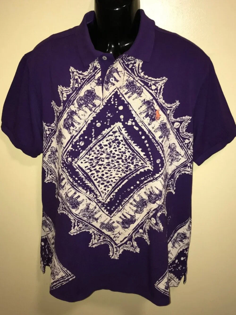 Men's Vintage Polo Ralph Lauren Aztec Elephant AOP Polo Shirt-Size XL(Custom Fit